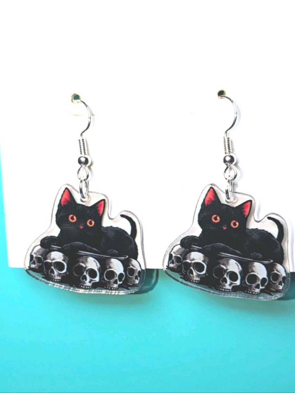 Hand Crafted Black Cat & Skull Dangle Earrings with Orange Eyes